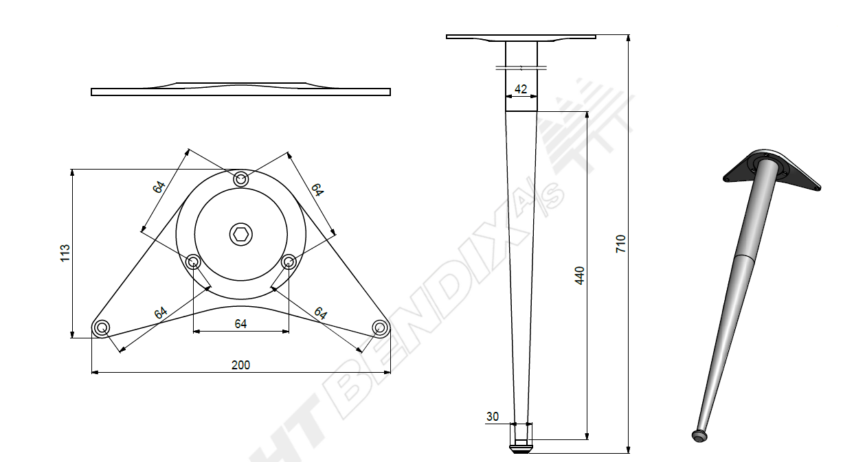 Round table leg in steel, with triangular installation at the top.